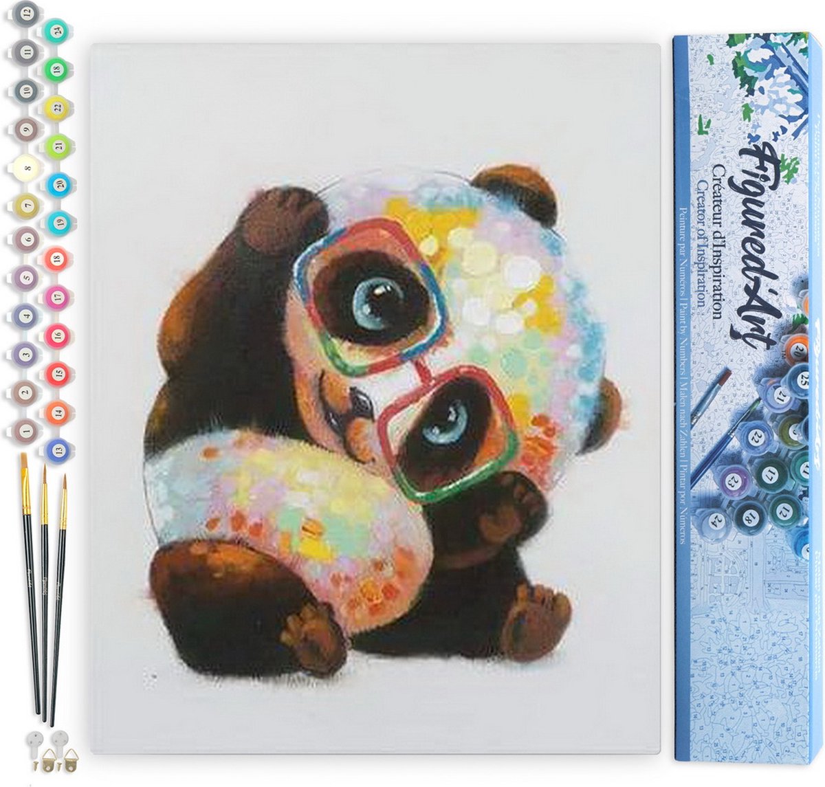 FiguredArt Schilderen op Nummer Volwassenen canvas Panda met bril - Handwerk acrylverf Kit DIY Compleet - 40x50cm zonder frame